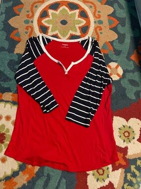 Express Red Top with Navy and White Striped Raglan Sleeves